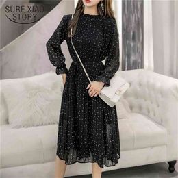 Negro vintage ropa primavera dama largo vestido de gasa moda coreana mujeres manga lunares plisados 3670 50 210623