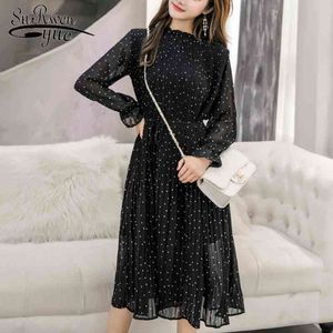 Zwart vintage kleding lente dame lange chiffon jurk Koreaanse mode vrouwen mouwen polka dot geplooid 3670 50 210521