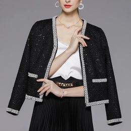 Noir Vintage Design Tweed veste courte femmes automne hiver luxe perles perles paillettes élégant manteau de laine Sequin Chaquetas 240124