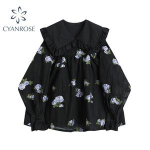 Zwart Vintage Floral Print Puff Sleeve Vrouwen Mini Dress Koreaanse Peter Pan Collar Dames Hoge Taille Losse A-lijn Vrouw 210515