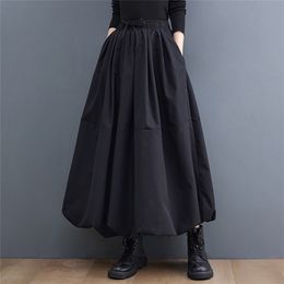 Noir Vintage Taille Haute Jupe Plissée Femmes Plus Taille Mode Cordon Lâche Casual Midi Jupes Vêtements Automne Hiver 220701