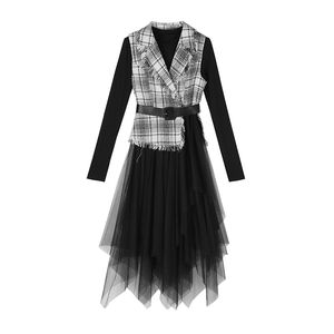 Zwart Vintage Tweed Mesh Patchwork Plaid Vest Sash Lange Mouw Asymmetrische Knielengte Jurk 2 Stuk D2005 210514