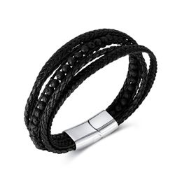 Zwarte vulkanische steen meerlaagse lederen armband sieraden hiphop handgemaakte roestvrijstalen magnetische knoparmband voor mannen 12 mm 8 inch