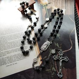 Black Volcanic Stone Prayer Perle Chain Crucifix Crucifix Cross Pendant Rosaire Collier Notre-Dame Médaille Saint Belon Bijoux 240518