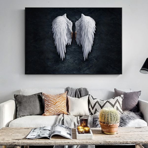 Noir mur Art toile imprime ange plume sol ailes peintures créatives sur le mur photo pour salon décor pas de cadre