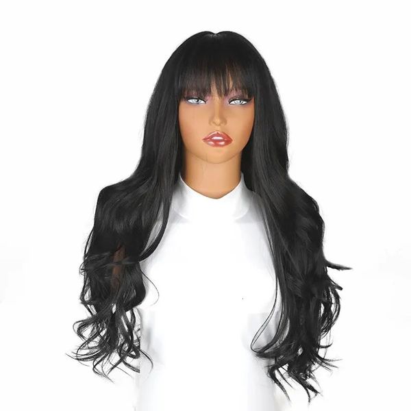 Black Wavy Wig-Length Curly with Bang Daily Daily Natural High-température Hair Hair Cover Cosplay Long Hair Wigs 240407