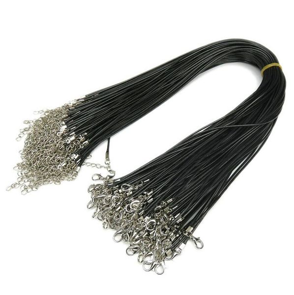 Collar de serpiente de cuero de cera negra 1.5 cm / 2.0 cm Cuerda de cuerda Cadena de extensor de alambre con corchete de langosta Componente de joyería de moda de bricolaje a granel