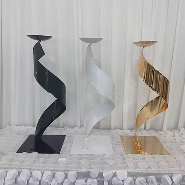 Centro de mesa de boda negro, galvanoplastia blanca, forma de cinta en S, oro blanco, negro, florero de metal, soportes para flores, candelabro para mesas de recepción