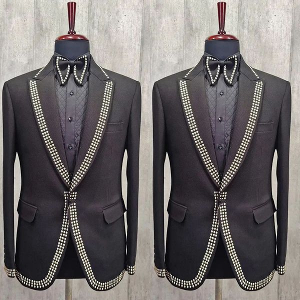 Mariage noir Mens Tuxedos Perles Paillettes Groom Wear Peaked Revers Slim Fit Veste Pour Homme Custom Made Only Coat