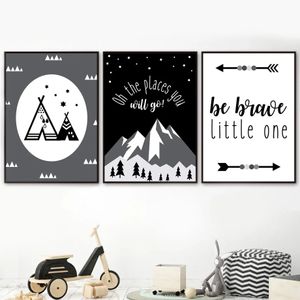 Pintura en lienzo de dibujos animados en blanco y negro, póster de flecha de bosque de montaña, impresiones nórdicas, imágenes de pared para niña, niño, dormitorio, decoración de guardería, regalo sin marco Wo6