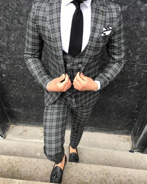 Esmoquin de boda con clase a cuadros en blanco y negro, trajes de novio ajustados, trajes de fiesta de graduación para padrinos de boda por encargo (chaqueta + pantalones + chaleco) Traje de padre y novio