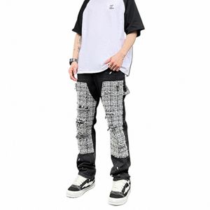 Negro Blanco a cuadros Patchwork Pierna recta Pantalones de mezclilla Hombres Hip Hop Spled Tinta Registro Pantalones Jeans Slim Fit Wed Torn M4YG #