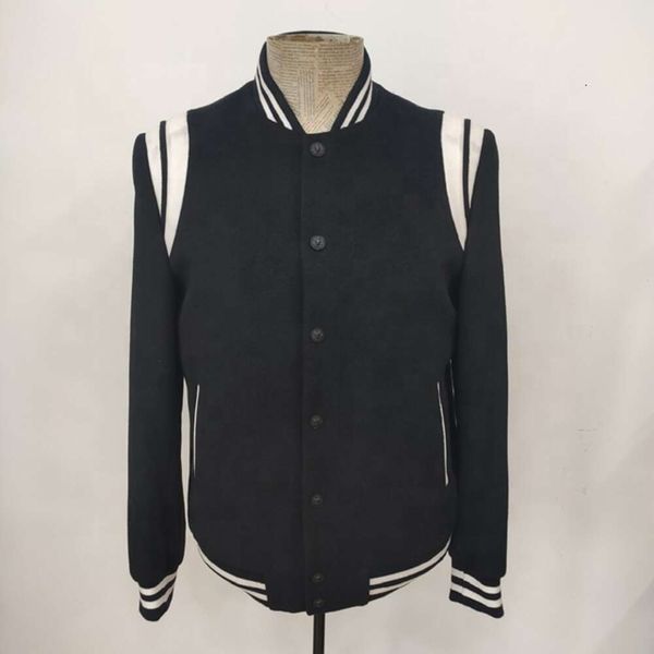 Veste de baseball universitaire en laine pour hommes contrastés noir et blanc avec bordure en cuir 41