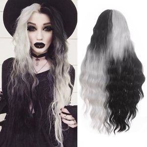 Peluca de Cosplay blanca y negra, pelucas de fiesta con línea de pelo rizada mediana, pelo largo sintético para Halloween