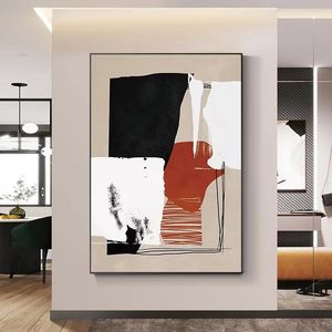 Zwart Wit Earth Red Modern Abstract Canvas Oi schilderen