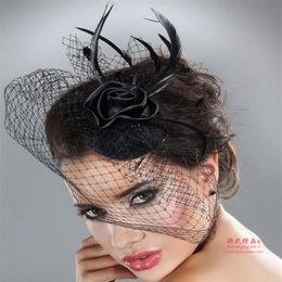 Noir blanc mode fait à la main plume avec filet belle mariée fleur fête mariage Fascinator chapeaux voile cage à oiseaux cheveux accessoires274Q