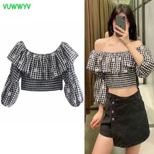 Noir Blanc Floral Broderie Ruffle Crop Top Femmes Été Hors Épaule Femme Blouses À Manches Longues Taille Élastique Tops 210430