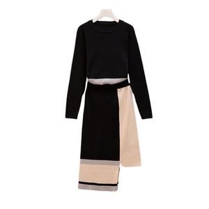 Negro blanco geométrico pasimétrico cuello redondo suéter tejido midi falda rayada conjunto mujeres 2 dos piezas elegante T0282 210514