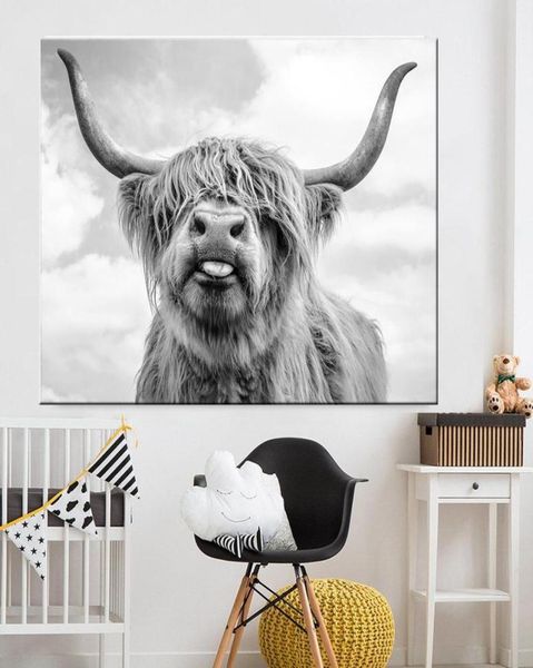 Toile d'art en noir et blanc avec vache des Highlands, peintures nordiques, affiche et impression, tableau mural scandinave pour salon, 8764230