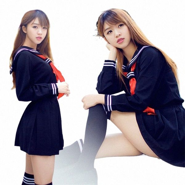 Noir Blanc JK Uniforme D'été Lg Manches Uniformes scolaires japonais Filles Sailor Ensembles Jupe plissée JK Uniforme COS Costume 86jx #