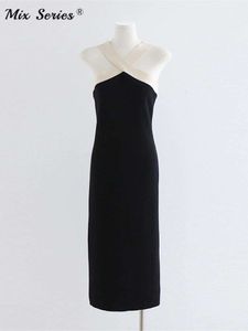 Zwart Wit Gebreide Splice Halter Jurk Vrouwen Elegant Off Schouder Backless Mouwloze Midi Jurken Zomer Sexy Slanke Gewaden