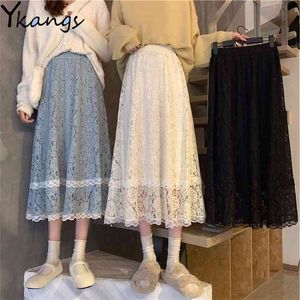 Zwart wit kant lange rok vrouwen mode winter korea stijl schattig elegant kantoor A-lijn vrouwelijke dame streetwear 210421