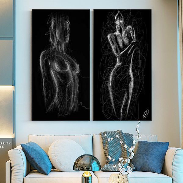 Lignes blanches noires Art Sexy Femme Body Canvas Peinture mur Art Résumé Affiches esthétiques Impressions pour le salon décor de la maison