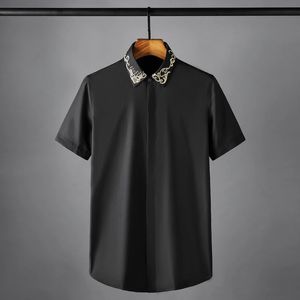 Camicie maschili bianche nere Camicie eleganti da uomo casual a maniche corte con ricamo in oro reale di lusso Camicie estive da uomo slim fit 4XL