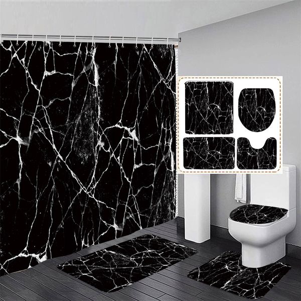 Cortina de ducha de mármol blanco negro Juego de arte abstracto Patrón texturizado Decoración moderna de baño Rug Mat de baño Tapa de baño