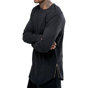 T-shirt à manches longues Hip Hop Zipper Design noir blanc pour hommes col rond ourlet arc haut tendance t-shirt