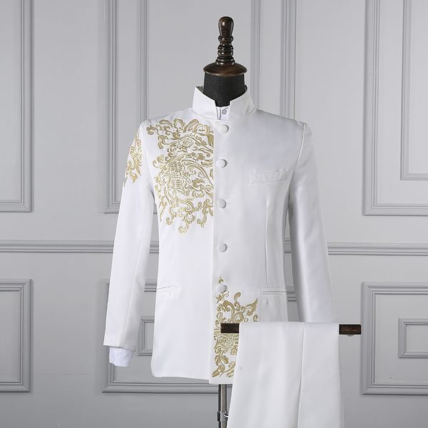 Noir blanc hommes costumes style chinois or broderie Blazers bal hôte scène tenue mâle chanteur équipes choeur vêtements de mariage