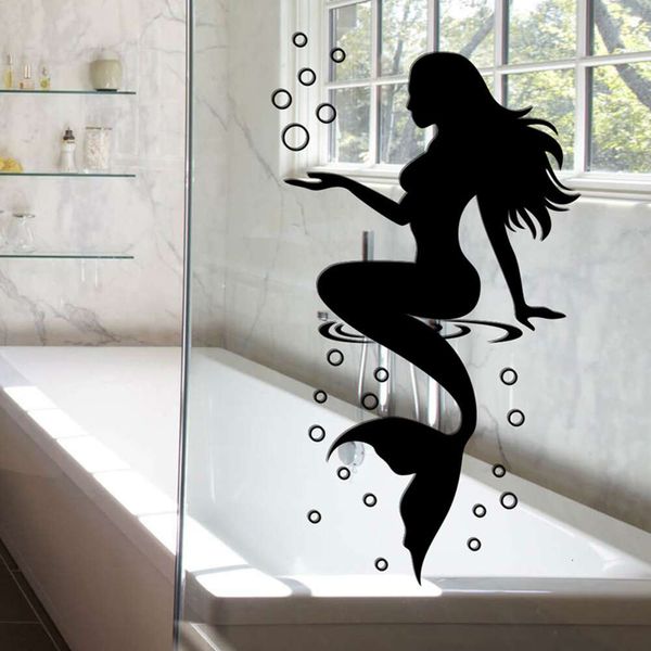 Pegatinas de pared de burbujas de sirena, color blanco y negro, pegatinas decorativas para puerta de vidrio de baño, calcomanías para inodoro con vinilo autoadhesivo