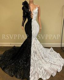 Robe de bal de sirène noire / blanche 2023 paillettes scintillantes une manche longue africaine fille de bal robes