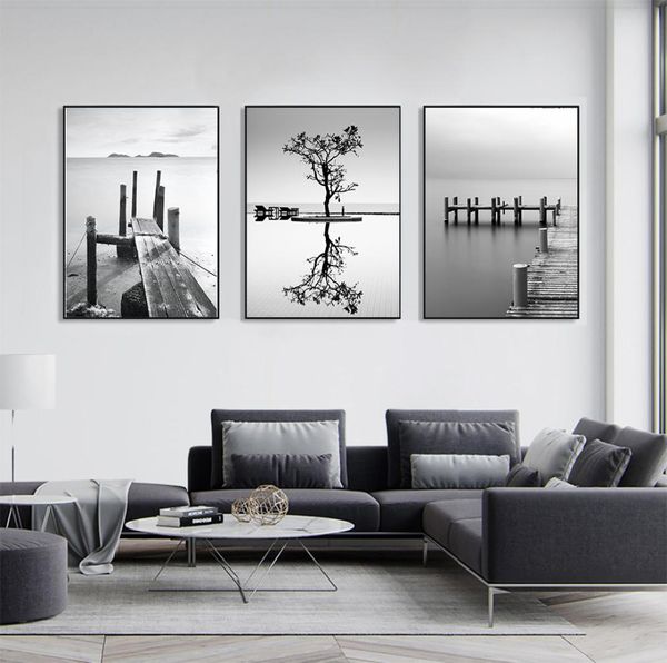 Pintura artística de paisaje minimalista en blanco y negro, impresiones en lienzo, carteles de puente y barco, pared para sala de estar, decoración moderna para el hogar 6463766