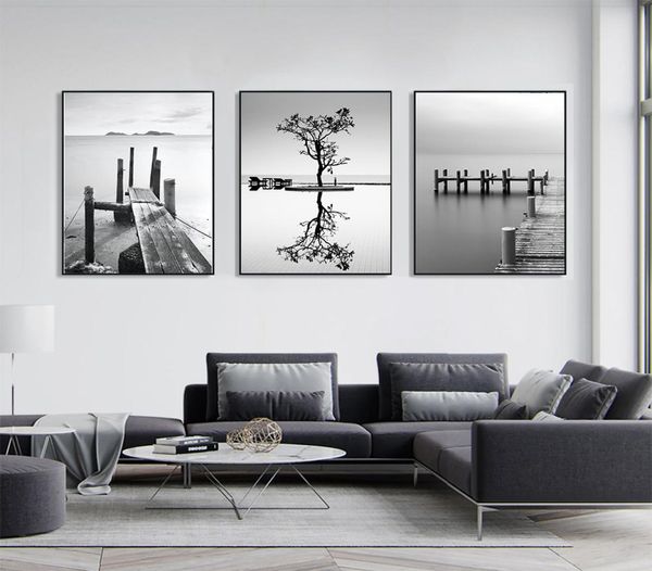 Pintura artística de paisaje minimalista en blanco y negro, impresiones en lienzo, carteles de puente y barco, pared para sala de estar, decoración moderna para el hogar 1621185