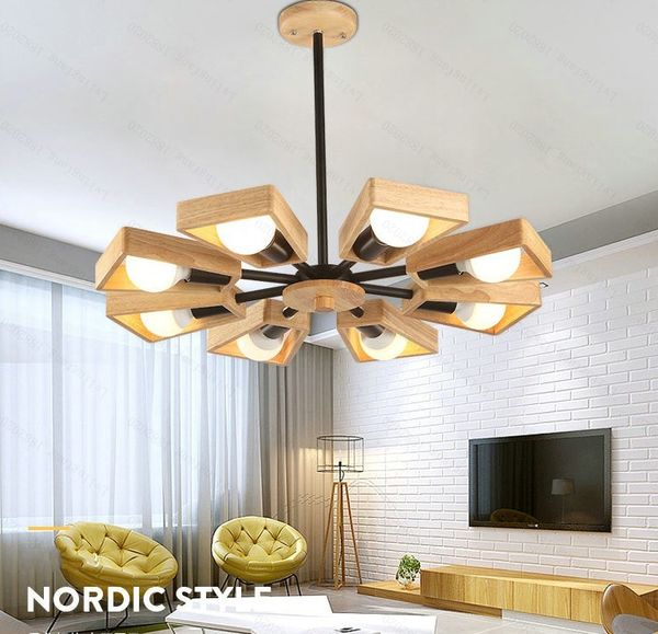 Lustre moderne en bois noir et blanc, éclairage d'arbre, 3/5/6/8 lumières, moulin à vent E27, lampe suspendue en bois nordique pour salon et chambre à coucher