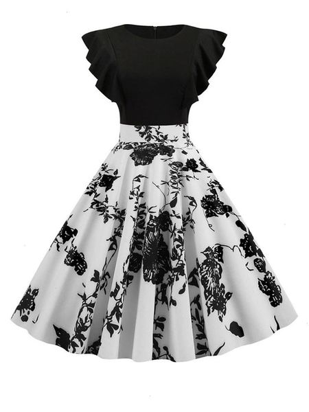 Vestido de verano con estampado Floral de retazos en blanco y negro para mujer, vestido Vintage de lunares con manga de pétalo, Vestidos de fiesta Rockabilly informales