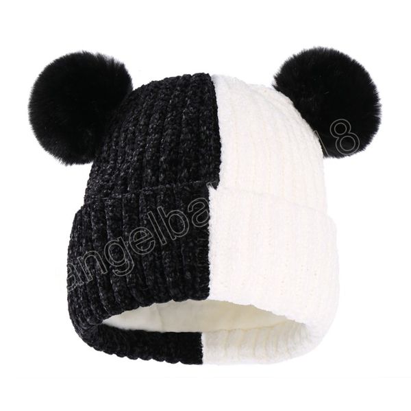 Noir blanc Patchwork tricoté chapeau bébé automne hiver chaud bonnet chapeaux pour enfant en bas âge filles garçons mignon Double pompon casquette