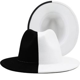 Black White Patchwork Wool FIENTO Jazz Fedora Mujeres Unisex Wide Brim Panamá Trilby Capboy Cap Gentleman Wedding Hat 240322