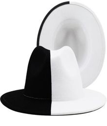 Black White Patchwork Wool FIENTO Jazz Fedora Mujeres Unisex Wide Brim Panamá Trilby Capboy Cap Gen Gentleman Wedding Hat 223286190