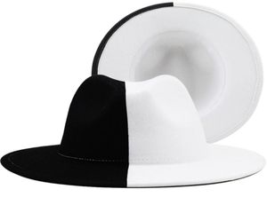 Zwart wit patchwork wol vilt jazz fedora hoed vrouwen unisex brede ramp Panama feest Trilby cowboy cap mannen heren trouwhoed 228676345