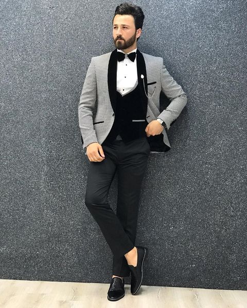 Noir blanc Plaid marié Tuxedos 2019 un bouton châle revers hommes costumes bal fête mariage Blazer veste (veste + pantalon)