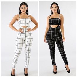 Zwart Wit Geruite Sexy Jumpsuit 2018 Zomer Overalls Tweedelige Set Crop Top Spaghetti Rompertjes Dames Jumpsuit S-2XL282q