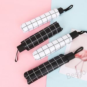 Noir Blanc Plaid Ensoleillé Pluvieux Parapluies Trois-pliage Parasol Parapluie Femmes Hommes Portable Étanche Ombre Affaires Fimbriae BH5483 TYJ