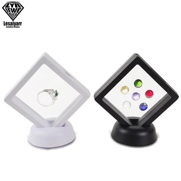 Negro Blanco Plástico Suspendido Flotante Vitrina Pendiente Moneda Gemas Anillo Almacenamiento de Joyas Membrana para Mascotas Soporte Caja 7 7 2cm157v