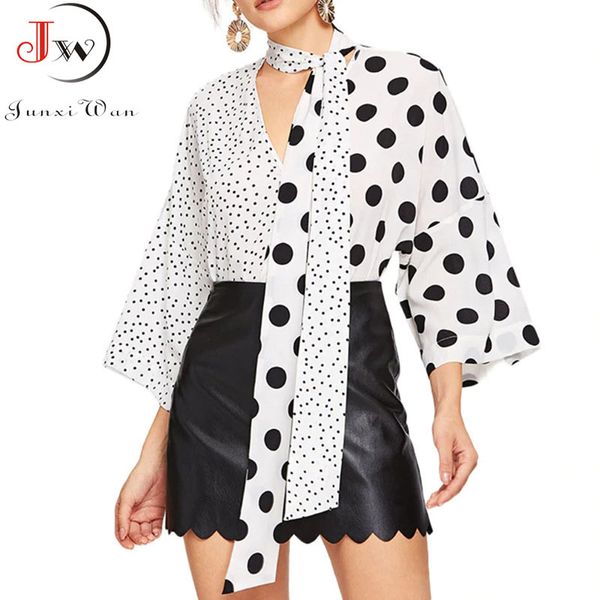 Blusa con estampado de lunares en blanco y negro, camisa de manga larga acampanada para mujer, camisas elegantes de oficina de verano para mujer, Tops de fiesta informales de primavera 210510