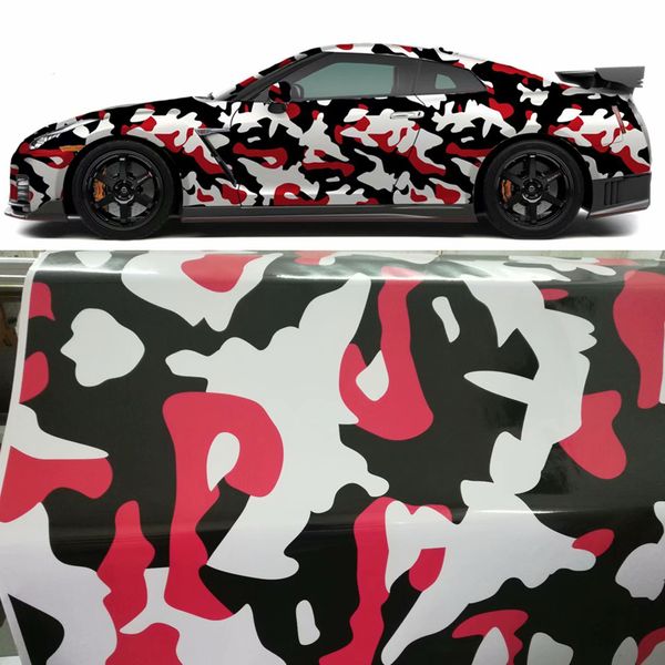 Film vinyle Camouflage noir blanc rouge auto-adhésif avec bulles d'air, feuille d'emballage de voiture, autocollant de style DIY, emballage 249s