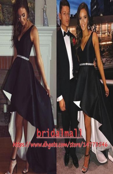 Vestidos de fiesta altos y bajos de satén blanco negro 2019 Vestido de fiesta de cóctel con cuello en V sexy Vestidos formales simples Ropa de noche Barato Homec2258726