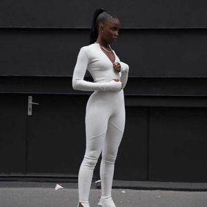 Zwart wit Sexy Bodycon Trainingspak Jumpsuit Vrouwen Straat Fitness Romper Lange Mouw Rits Elastische Bodysuit Body Mujer T200401184Q