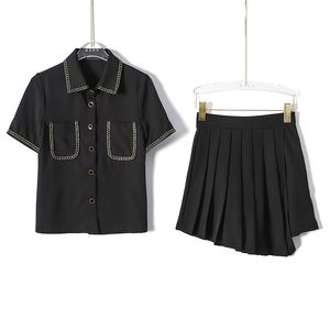 Zwart Wit Effen Shirt Shirt Turn Down Collar Single-Breasted Mini Plooited Rok Twee Stuk Set Summer T0420 210514